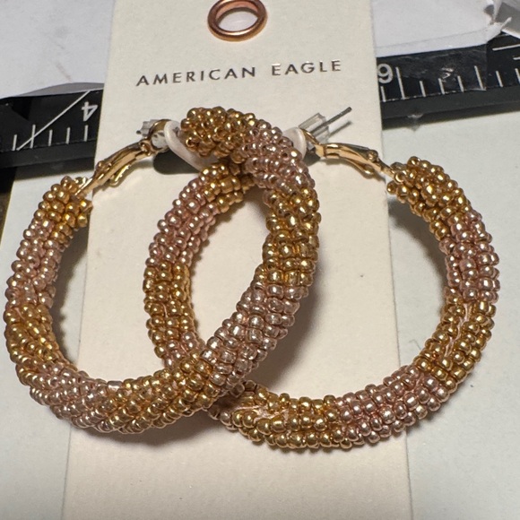 American Eagle Beaded Hoop Earrings Gold Pink Statement Boho (BR 1212/1) - Picture 2 of 3